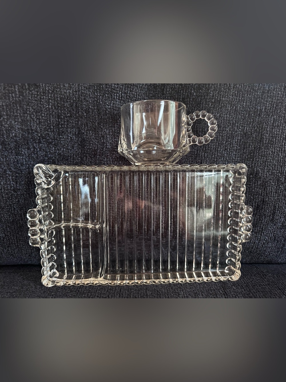 Vintage Hazel-Atlas "Sip, Snack & Smoke" Serving Set - Glass Tray and Cup